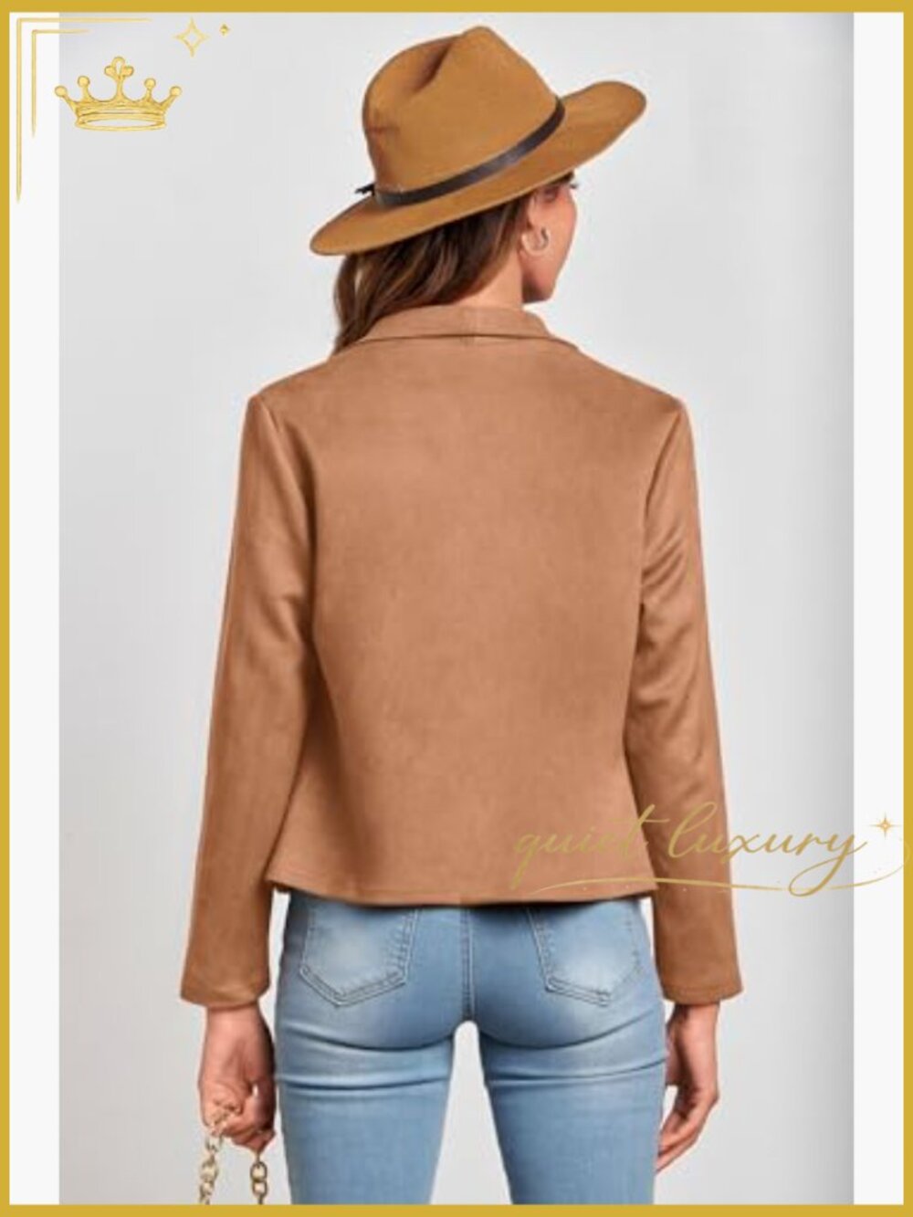 Faux Suede Cropped Jacket Long Sleeve Open Front Coat - Picture 2 of 7